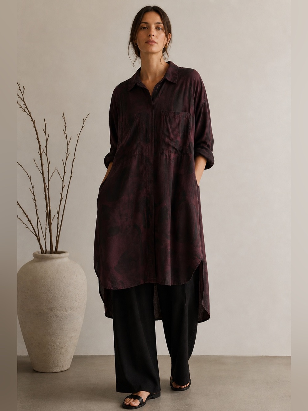 GRIZAS Bamboo Silk Shirt Dress Sz L | Oversized Pocket Tunic
